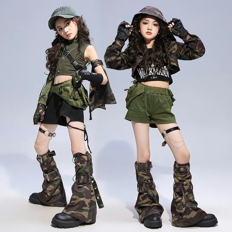 Mädchen Kpop Hip Hop Kleidung Camo Crop Top Hosen Jazz Dance Kostüm Grün Tank Top Shorts Street Dance Sets Bühne Tragen Kleidung