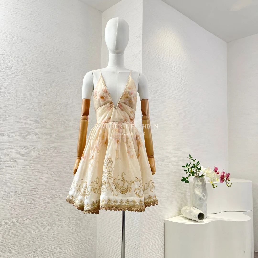

Floral Print 2025 New High Quality Linen Silk Sleeveless Shirred Strapless Women Mini Dress