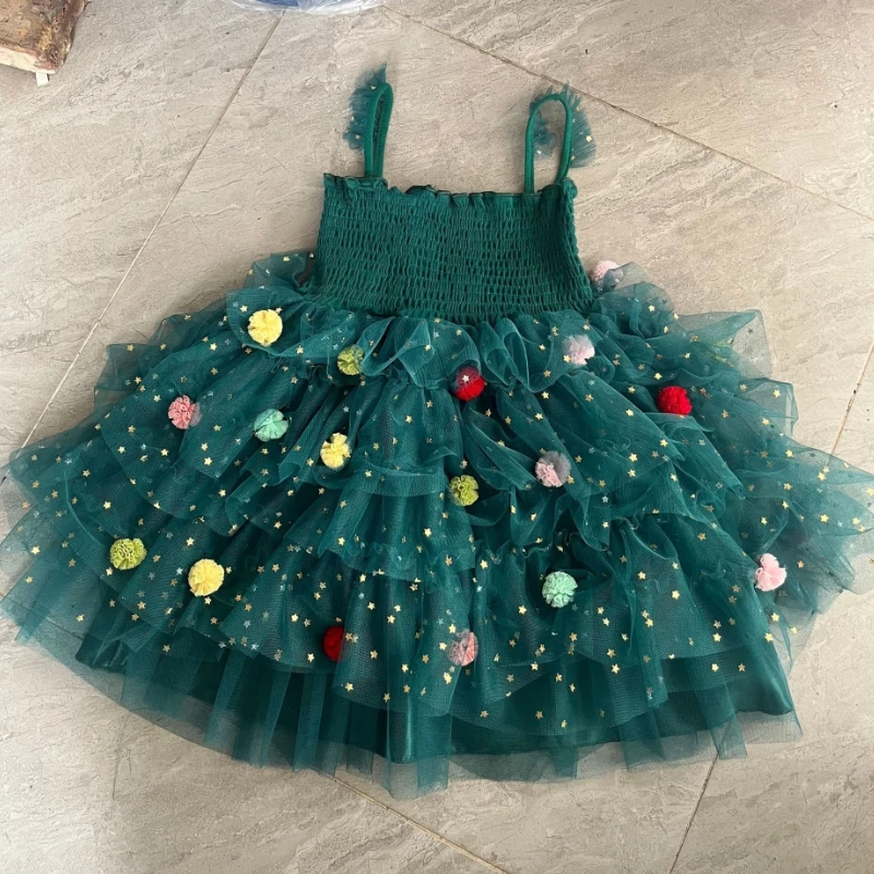 2025 Hot Selling Christmas Girls' Strap Strap Star Mesh Colorful Ball Stacked Princess Skirt