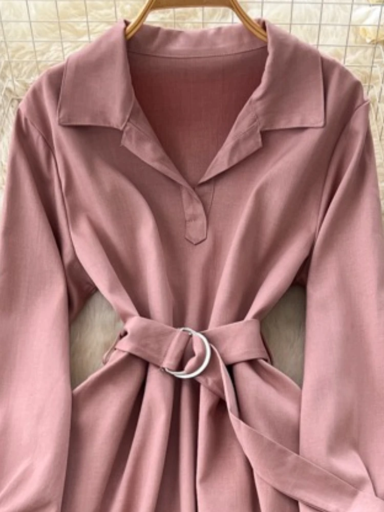 أنيقة الفرنسية خمر قميص طوق مربوط فستان المرأة الخريف طويلة الأكمام سليم صالح فستان ماكسي لينة اللف النسيج شيك نمط #3