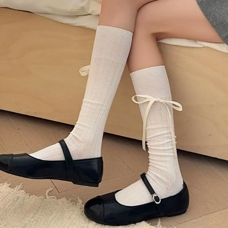 Lolita Bow Socks Women Ribbon Sweet Bow Bandage Stripe Calf Stockings Girls Cute Elastic Cotton Solid Color Versatile Long Socks