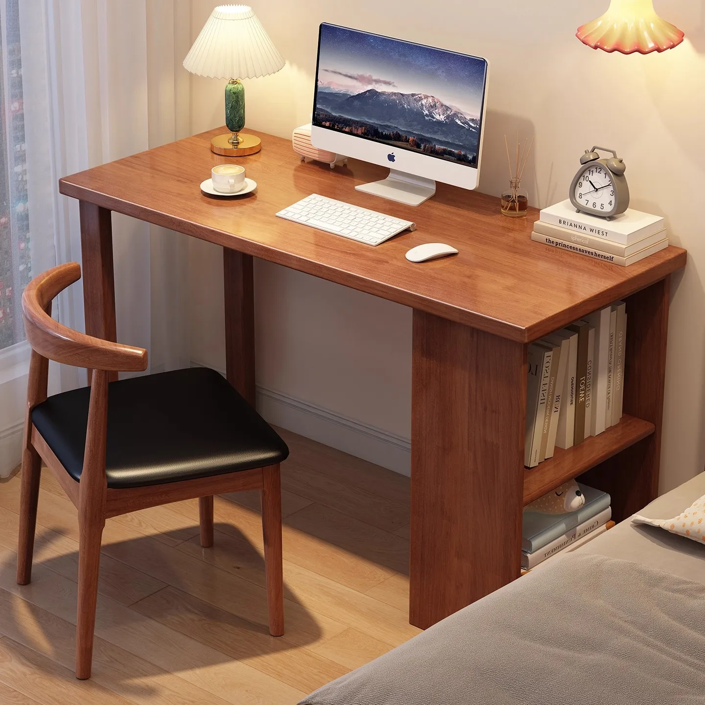 All solid wood desk bookshelf integrated table simple small apartment bedroom student learning writing table study desk