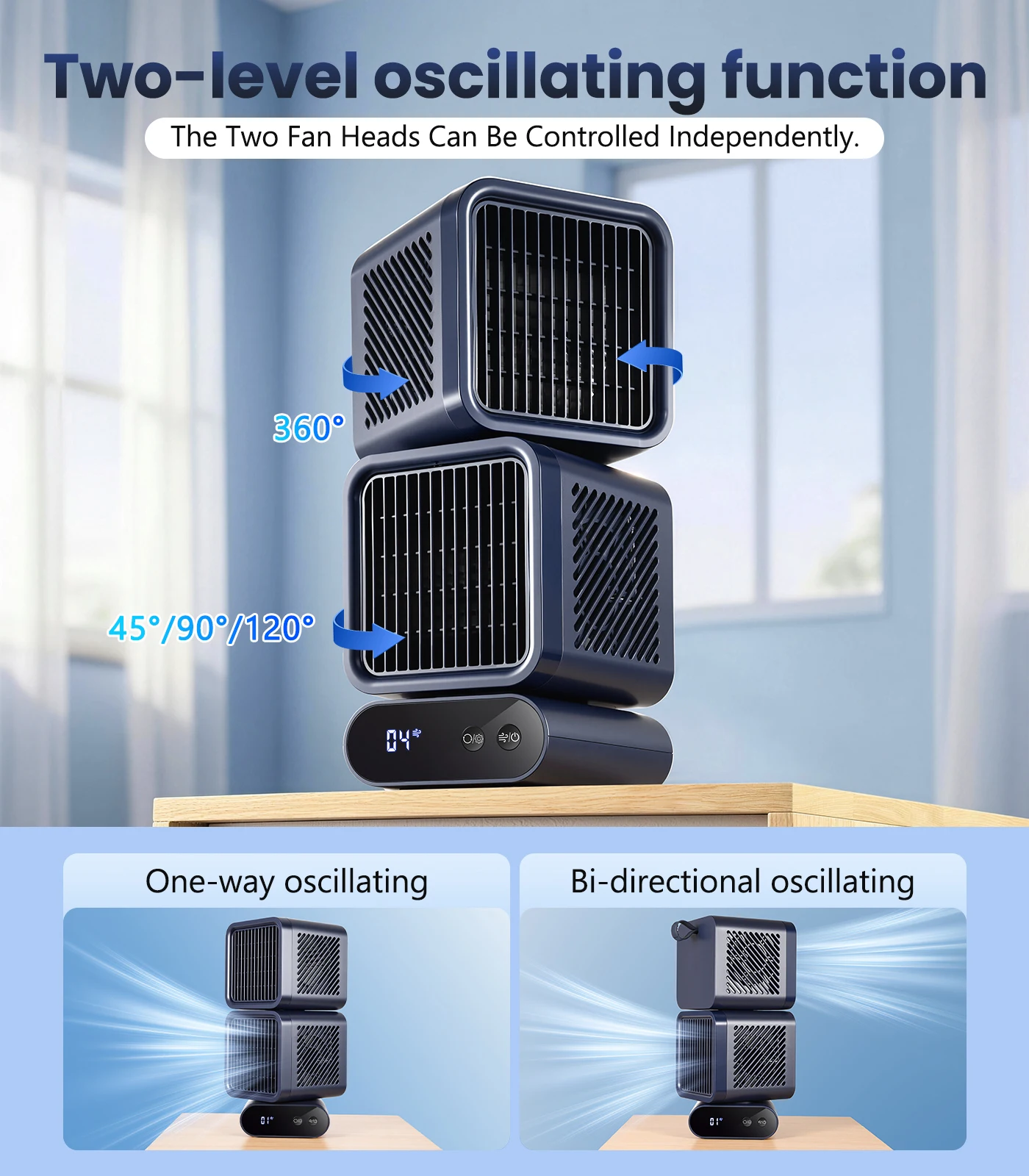 Eary Dual Head 4000mAh Portable Oscillating Fan 6 Speeds 120 Auto Rotation Tower Fan for Home Office Desktop Silent Cooling Fans