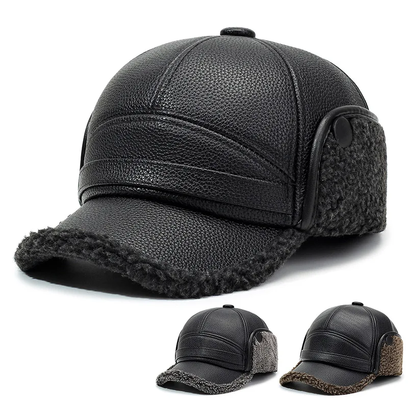 Winter Fleece Thick Warm Baseball Cap With Ear Flaps Pu Leather Men Windproof Cold Proof Dad Cap