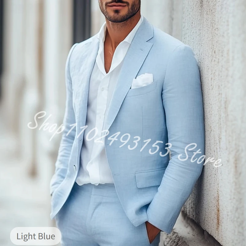 

Suits For Men Light Blue Linen 2 Piece Slim Fit Suits Notched Lapel Blazer Pants Wedding Groom Party Tuxedos Linen Costume Homme