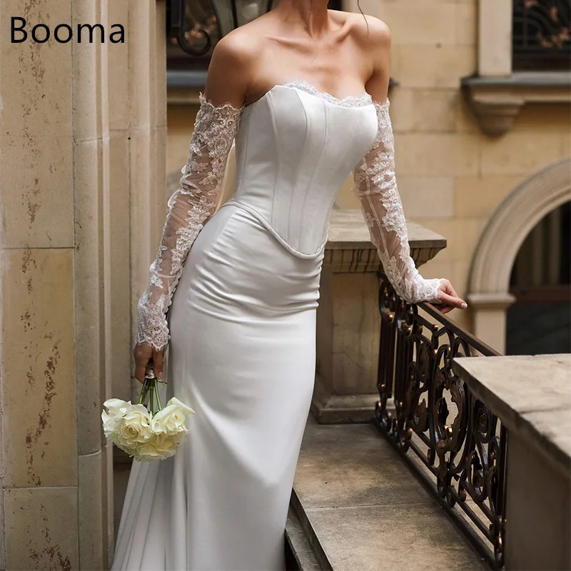 

Booma Elegant Satin Mermaid Lace Ivory Wedding Dresses Long Sleeveless Bow Strapless Brides Gown Custom Made 2025