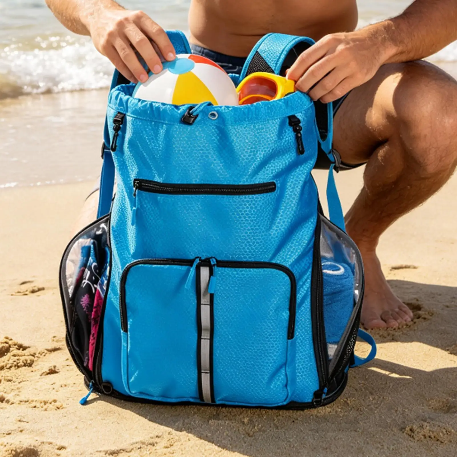 Beach Bag Backpack Drawstring Waterproof Large Capacity Mesh Pocket Travel Pool Gym Beach Backpacks For Women Men Office Work