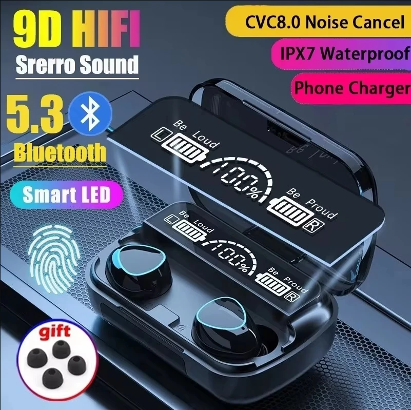 Original M10 Wireless Bluetooth Headset 5.3 Earphones Bluetooth Headphones with Mic Earbuds 3200mAh Charger Box LED Display Fone