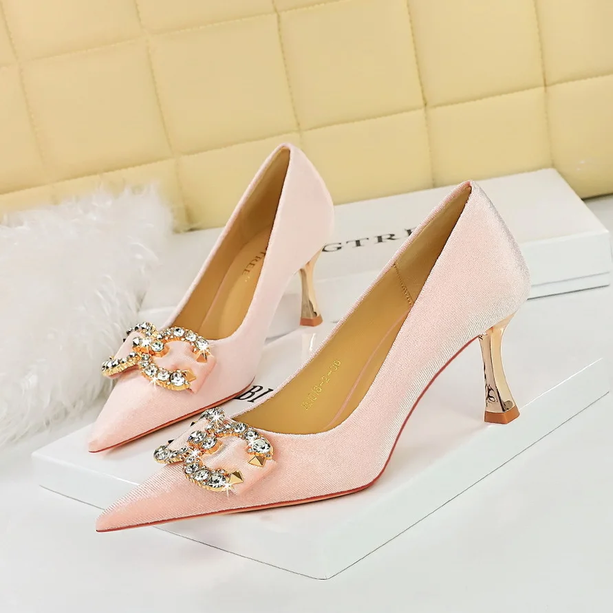 

new pattern Banquet High Heels Shallow Mouth Pointed Suede Water Diamond Buckle Bow Single Shoes Women's Women Pumps