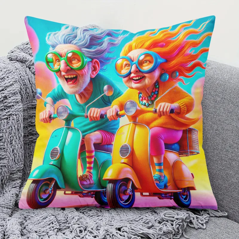 Funny Retro Scooter Pillow Case, Cool Elderly Couple Cushion Cover, Vibrant Pop Art Home Decor for Sofa Living Room Car Gift