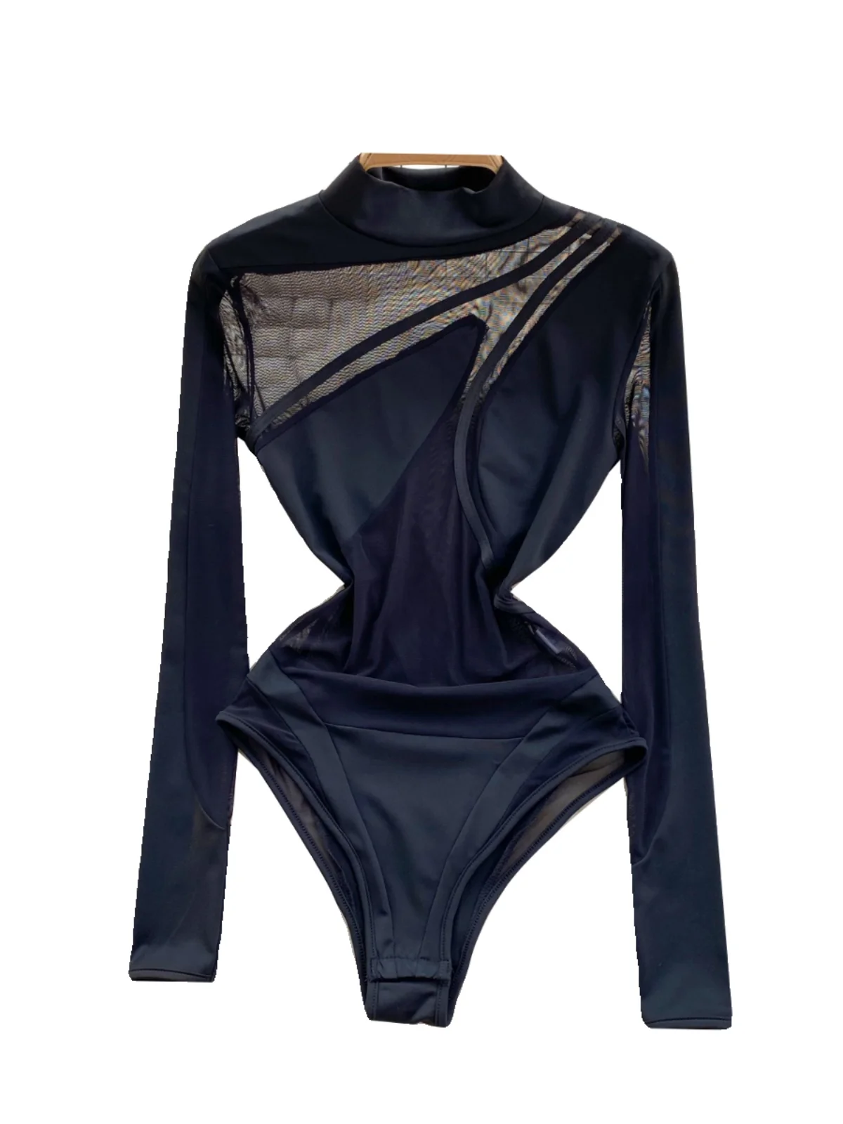 قميص نسائي طويل الأكمام قطعة واحدة، تصميم شبكي شفاف، سروال قصير بخصر عالٍ، تصميم مستقيم