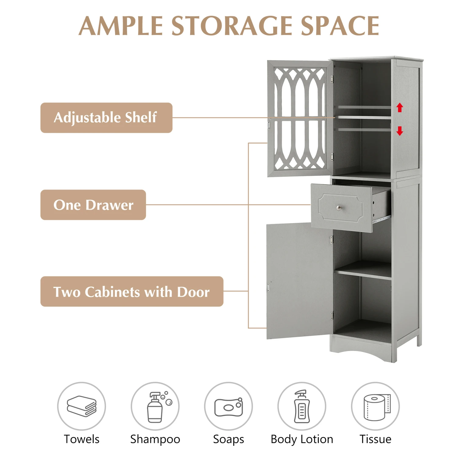 Mueble de baño alto, mueble de almacenamiento independiente con cajón y puertas, tablero de MDF, puerta acrílica, estante ajustable, gris