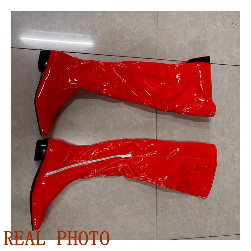 REAVE CAT Women Thigh High Patent Leather Side Flat Heels Big Fashion Colors Ladies Party Long Boots Size 30-48 F1405 - view 6