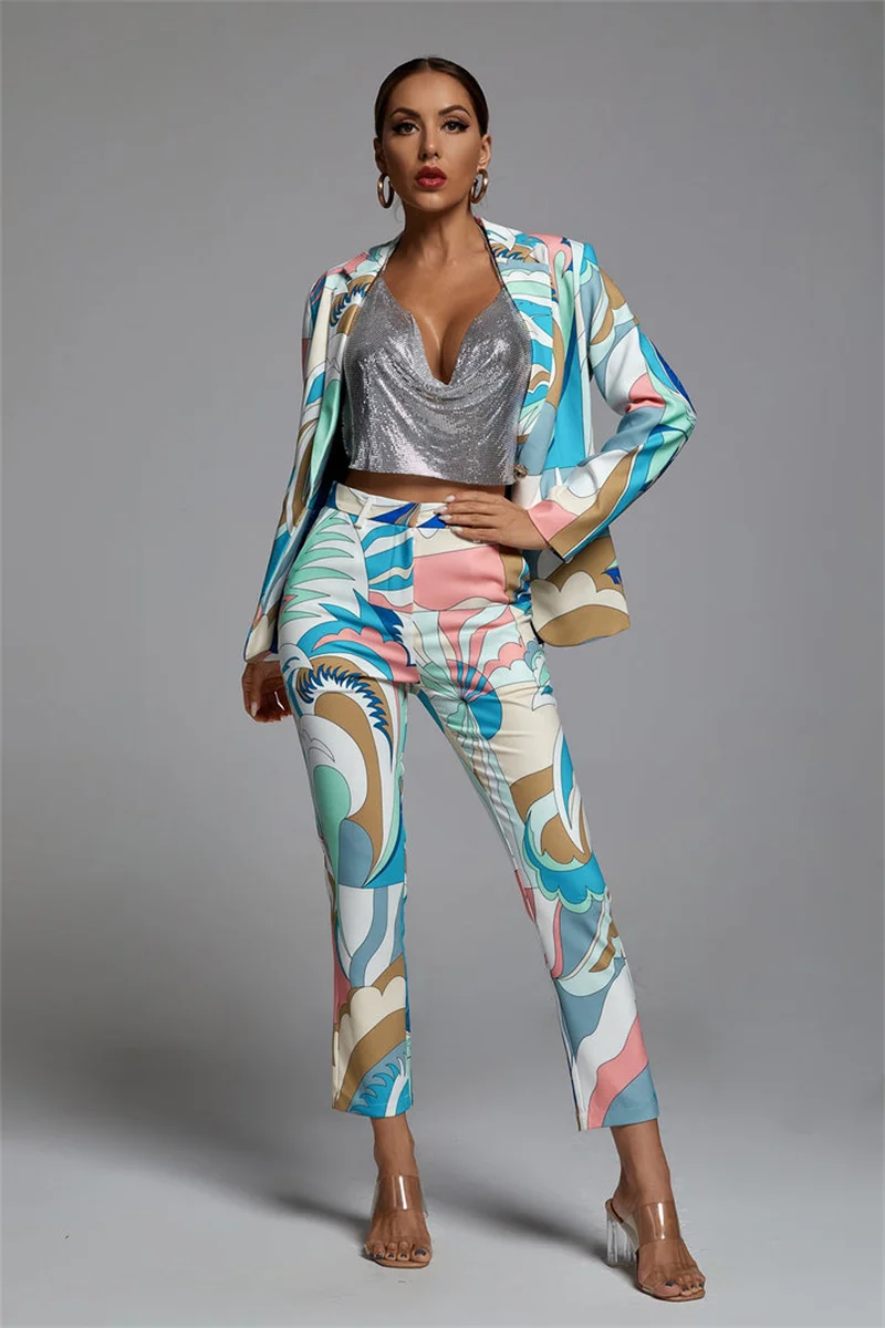 Luxury Designer 2 Piece Outfits For Women Long Sleeve Print Blazer And Pant Casual Elegant Suit Sets 2023