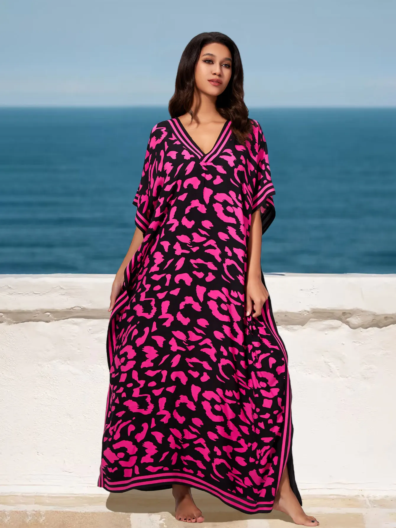 Rose Red Printed Stripes Sexy V Neck Side Split Beach Kaftan Dress 2024 Summer Women Batwing Sleeve Maxi Dresses Q1609