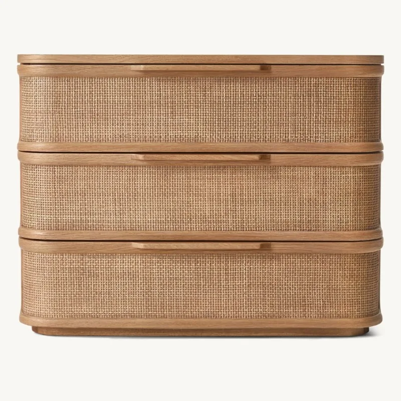 Oak solid wood rattan bedside table, French three-bucket cabinet, single-draw bedroom bedside storage bedside table