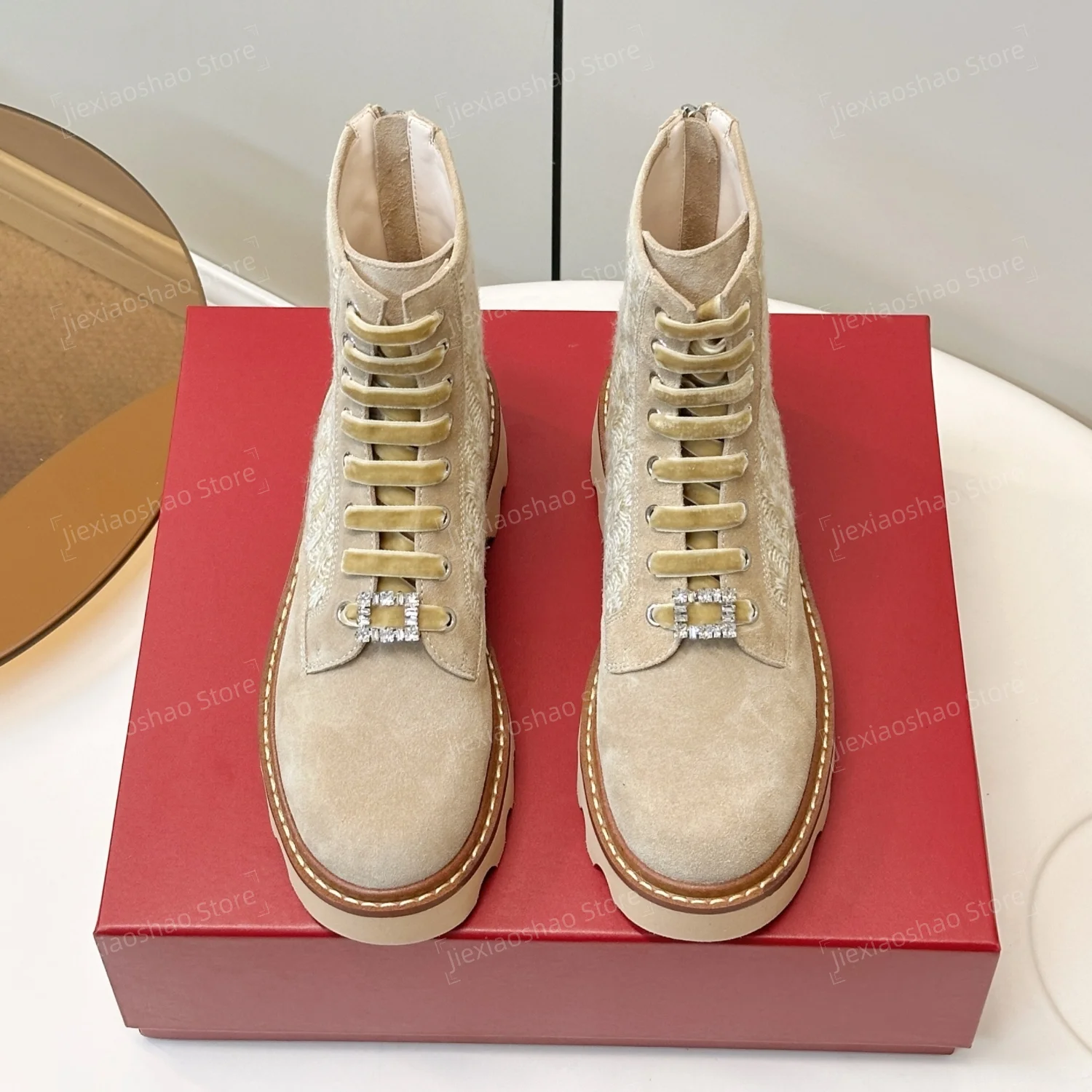 Top Quality Handmade Cow Suede Round-Toe Square Heel Lace-Up Ankle Boots Tweed Short Boots Chelsea Boots 2026 Hiver Botas Mujer