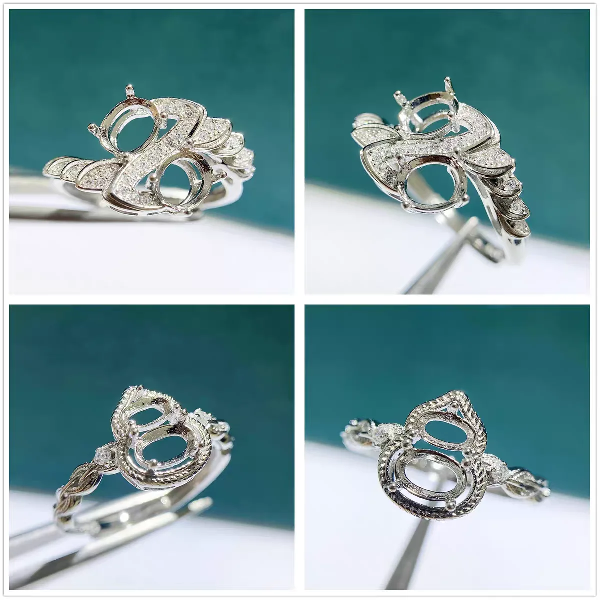 

MeiBaPJ 5*6 Two Elliptic Stones 925 Silver Fashion Calabash Ring Holder DIY Empty Support for Women Fine Charm Jewelry