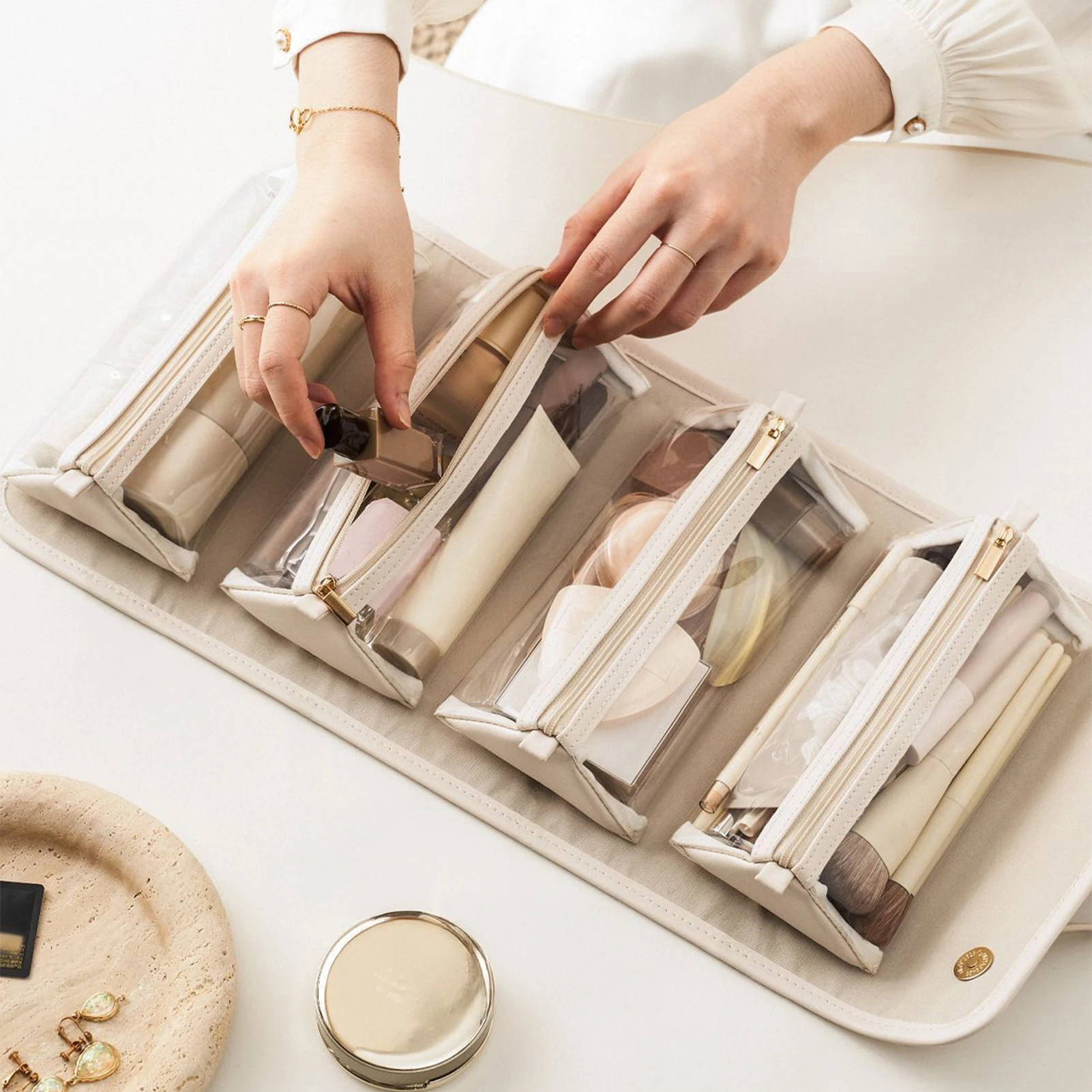 Cosmetic Organizer Foldable Makeup Bag for Travel Large Capacity Portable Handheld Case for Toiletries Skincare Storage