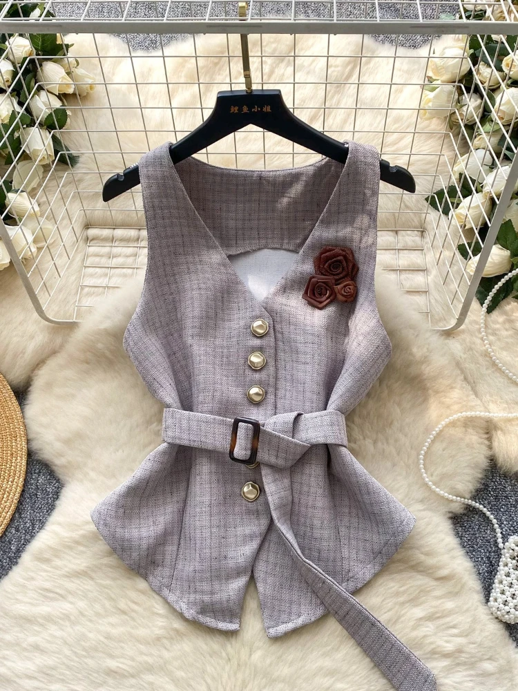 French style small fragrance fashionable three-dimensional flower V-neck sleeveless vest women's lace-up waist cincined top