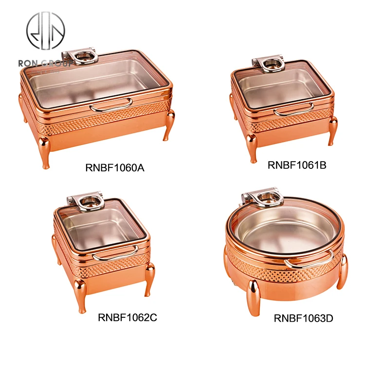 Factory Hot Sale Stainless Steel 304 Electric Chafing Dish Rose Gold Buffet Food Warmer Display Glass Restaurant Hotel Supplies
