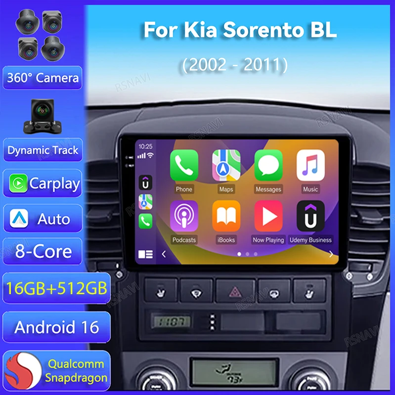 Android 16 Carplay Auto For Kia Sorento BL 2002 2003 - 2011 Car Radio Multimedia DSP Stereo Player Video GPS Head Unit 2K Screen
