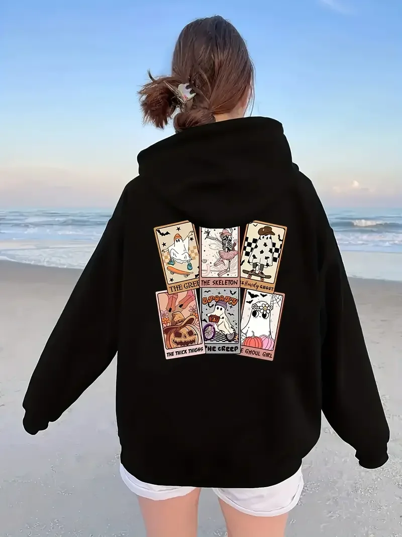 Halloween Card Print Kangaroo Pocket Hoodie, Casual Long Sleeve Drawstring Hoodies Sweatshirt For Autumn & Winter, Women\'s Cloth