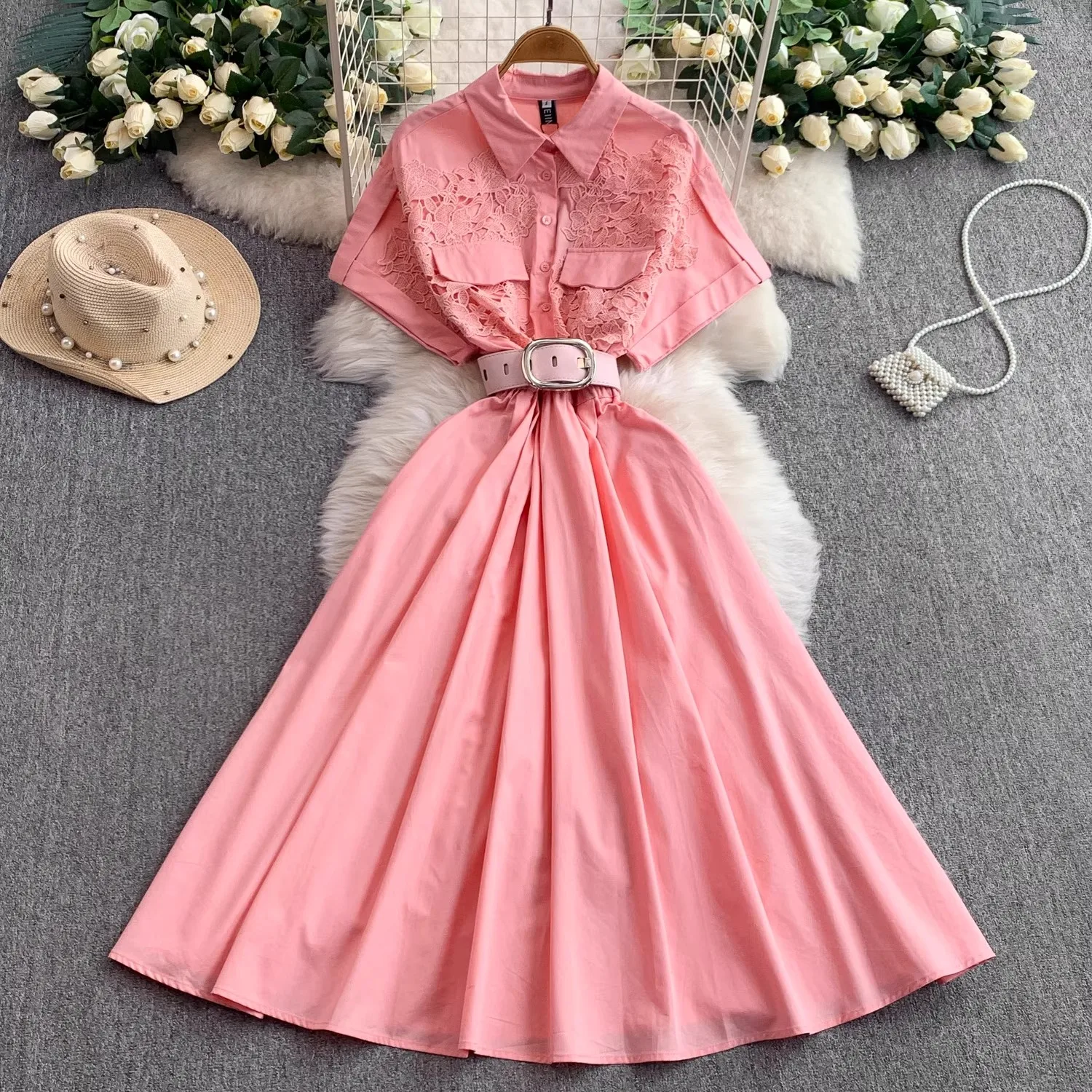 Elegant Hollow Out Lace Patchwork Midi Long Dresses Shirt Women Summer Turn Down Neck Short Sleeve Belt Evening Party Vestidos