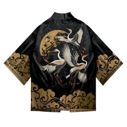 Camicia cosplay in stile giapponese Stampa gru 3D per uomo e donna Kimono tradizionale samurai Haori Yukata da spiaggia giapponese