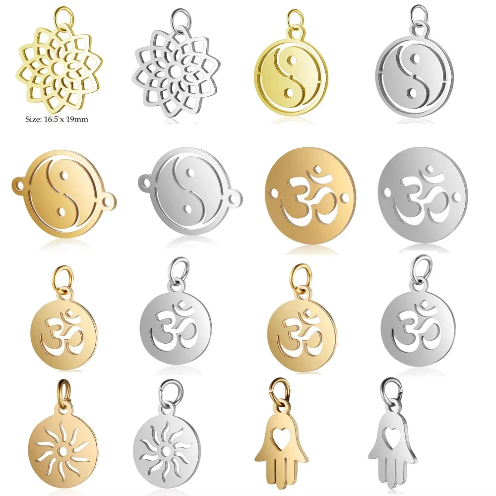 10pcs/lot DIY Religious Good Luck Om Stainless Steel Charm Pendant Wholesale Yin Yang Hamsa Jewelry Bracelet Connector Charms