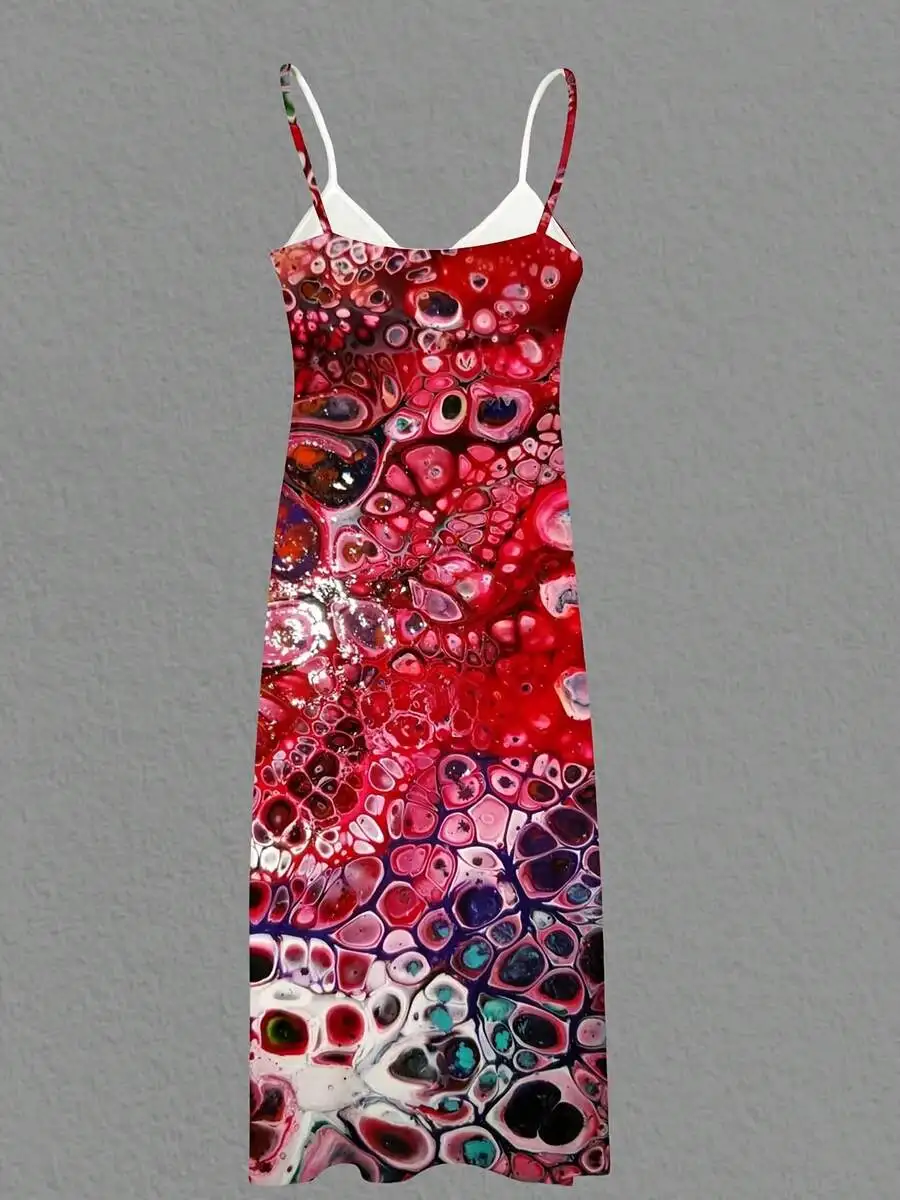 

Women Sleeveless Maxi Dress Red Abstract Bubble Print Summer Beach Vacation Outfit