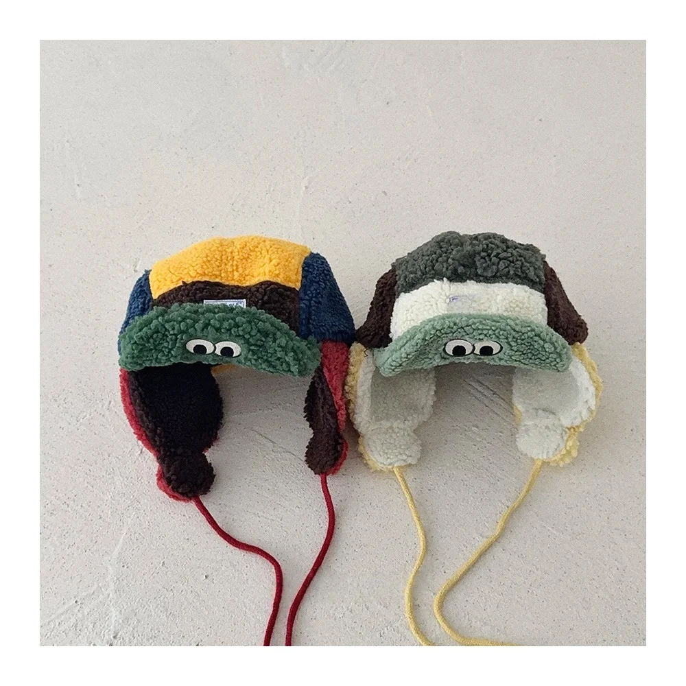 

Parent-Child Sherpa Fleece Warm Ear Flap Hat Color Block Five-Panel Ushanka Cap with Cute Cartoon Eyes Winter Hat for Toddlers