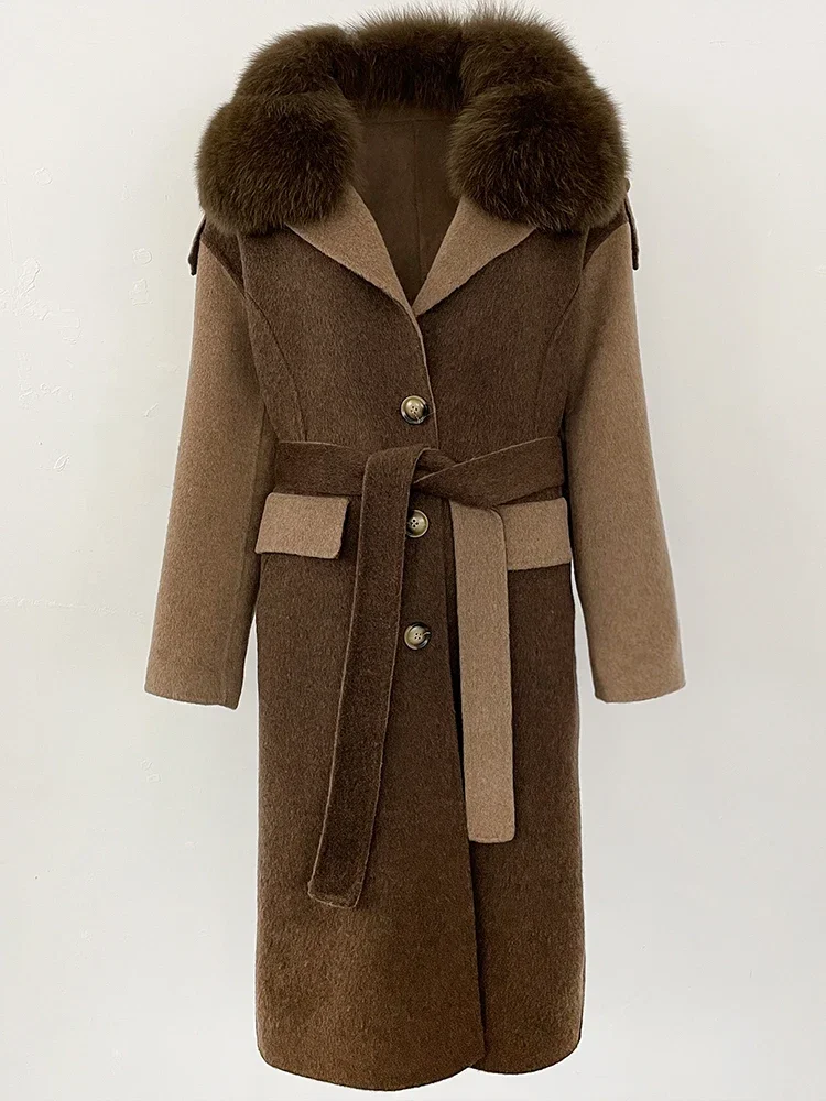 معطف صوف طويل بحزام واحد الصدر للسيدات لعام 2025 ملابس جديدة للخريف والشتاء سترة صوفية من فراء الثعلب الطبيعي والكشمير