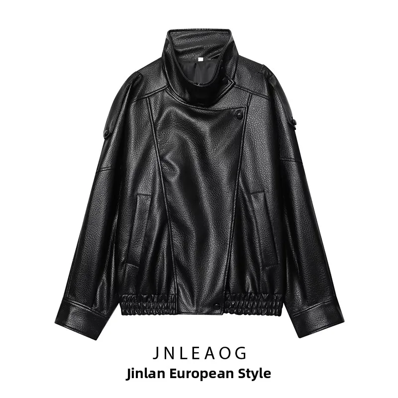 Modna, uniwersalna kurtka damska JNLEAOG, skórzany wygląd, dojazdy do pracy, długa, zapinana na zamek, włókno poliestrowe.