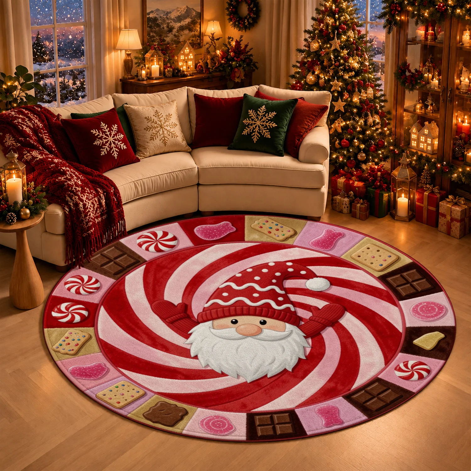 Santa Gnome Peppermint Candy Swirl Round Velvet Decorative Mat Machine Washable Dining Table Kitchen Living Room Halloween Thanksgiving Black Friday Christmas New Year