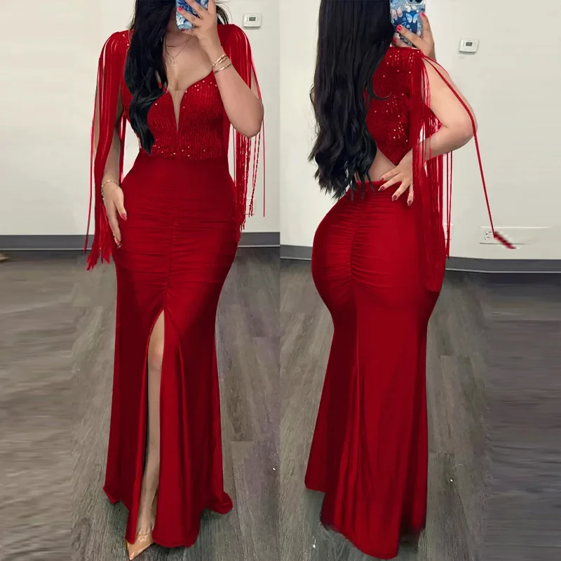 

2025 Spring Summer New Women's Clothing Solid Color V-neck Waist Slit Pleated Dress sexy dress