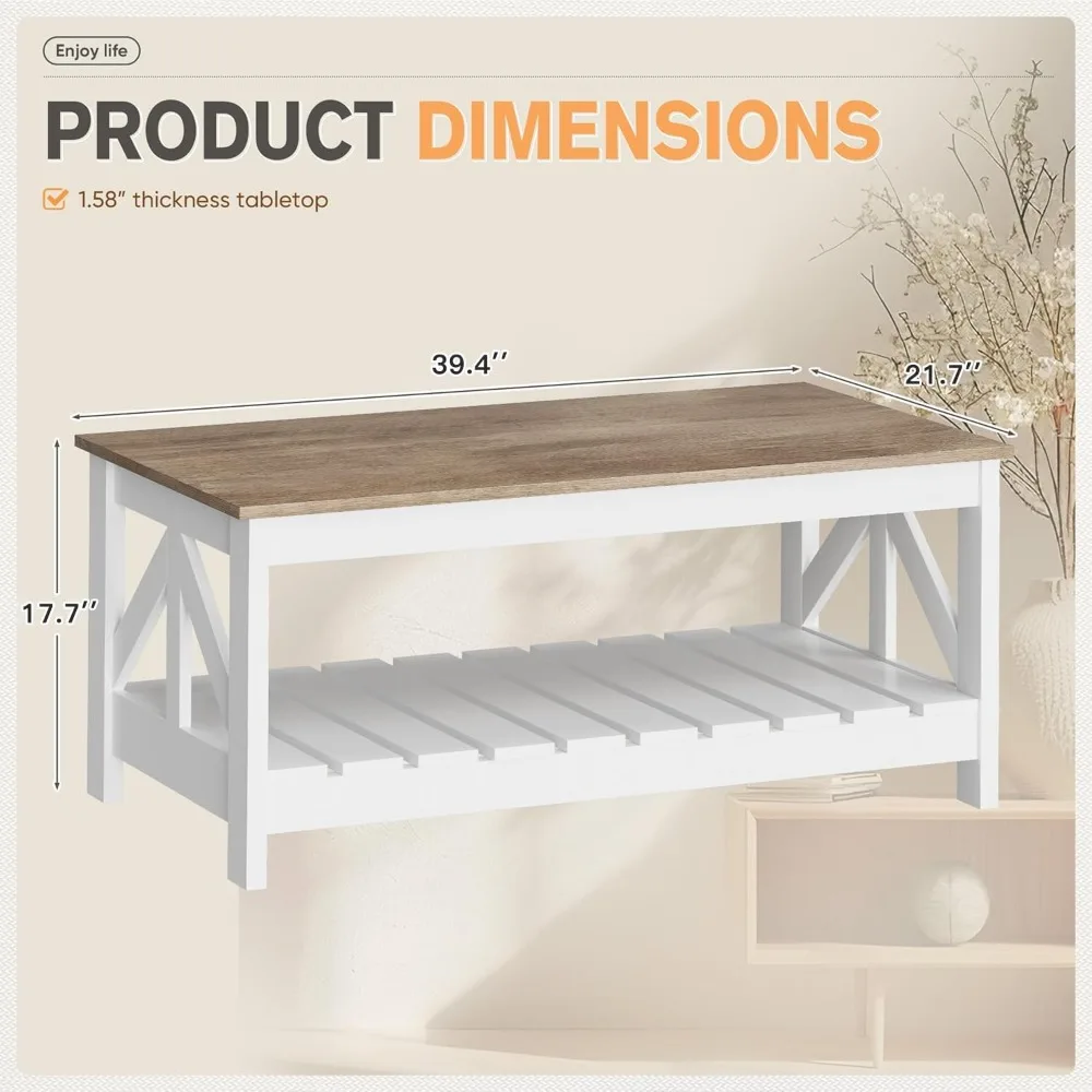 39" Farmhouse Coffee Table, Coffee Tables for Living Room, Farmhouse Square Coffee Table with Storage, Couch Table, Small Table