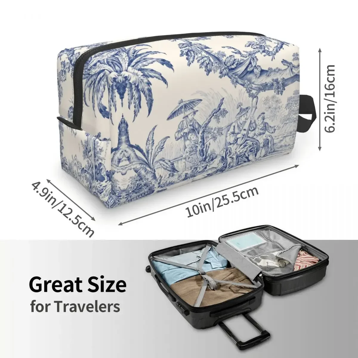 Classic French Toile De Jouy Navy Blue Motif Pattern Toiletry Bag Kawaii Cosmetic Makeup Organizer Beauty Travel Storage Bag