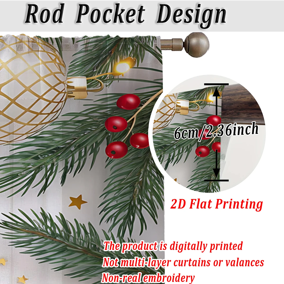 クリスマス柄のキッチン用シアーカーテン、メリークリスマスのボール、星、ベリー、松の枝付き、クリスマスの家の装飾、パーティー用