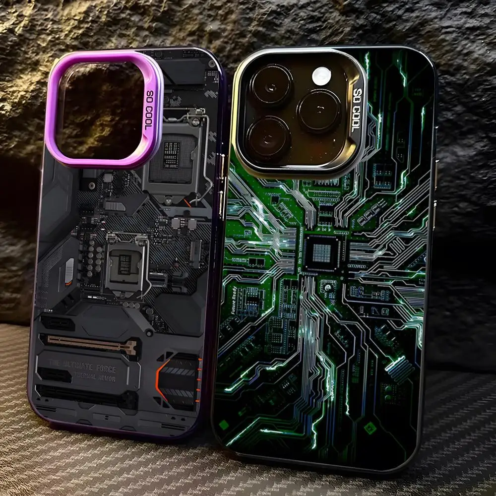 Creative Circuit Board Pattern Phone Case For For IPhone 16 Pro Max 15 Pro 14 12 13 X XS Max XR 11 Pro Colorful Silver Cover