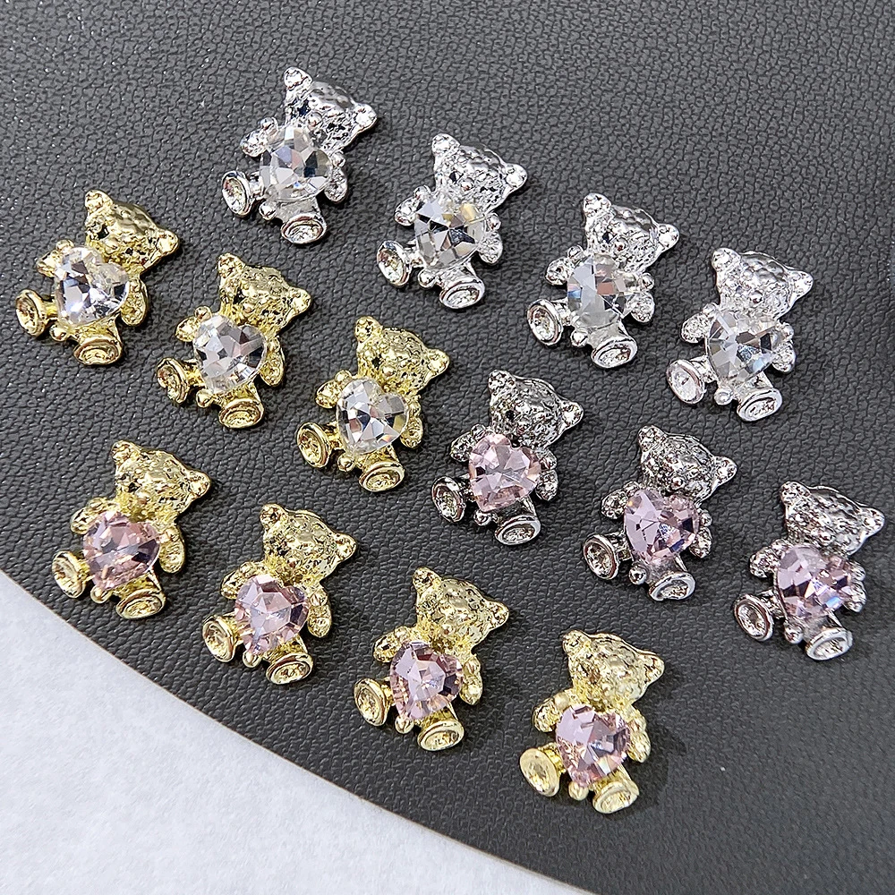 10 pz 3D Lega Rosa Cuore Orso Strass Per Unghie Zircone Lucido Orso In Metallo Abbraccio Amore Pendenti E Ciondoli Per Unghie Lusso Orso Sveglio Gioielli per Manicure