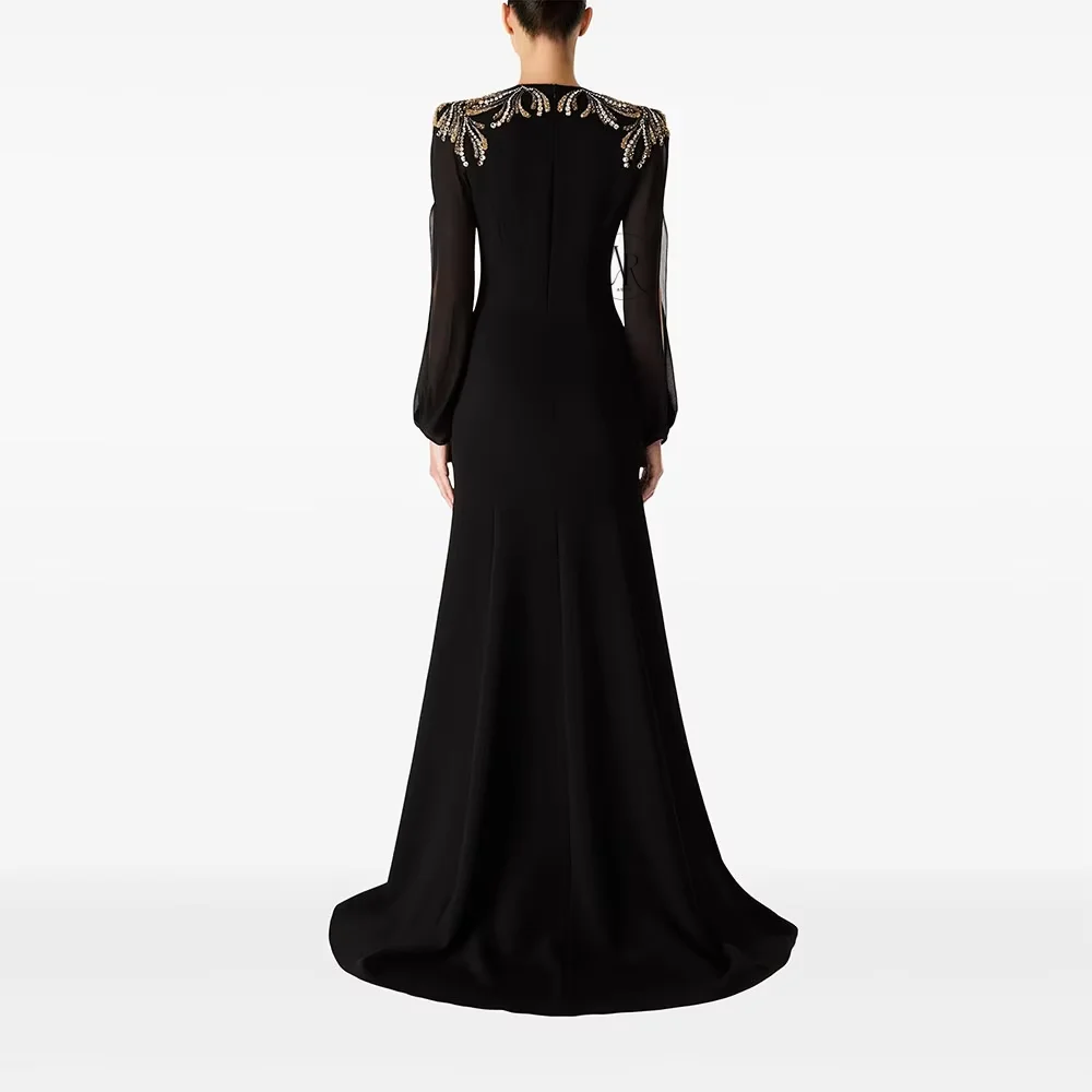 Aure Customized Black Jersey Evening Dress Crystal Long Sleeves Elegant Women's Long Dresses V-Neck Floor Length Evening Gowns