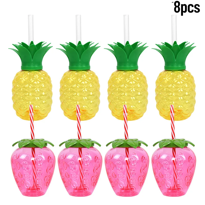 8 Stuks Plastic Ananas Bekers Met Stro Aardbei Drinkbeker Hawaiian Luau Party Decor Tropische Zomer Strand Verjaardag Benodigdheden