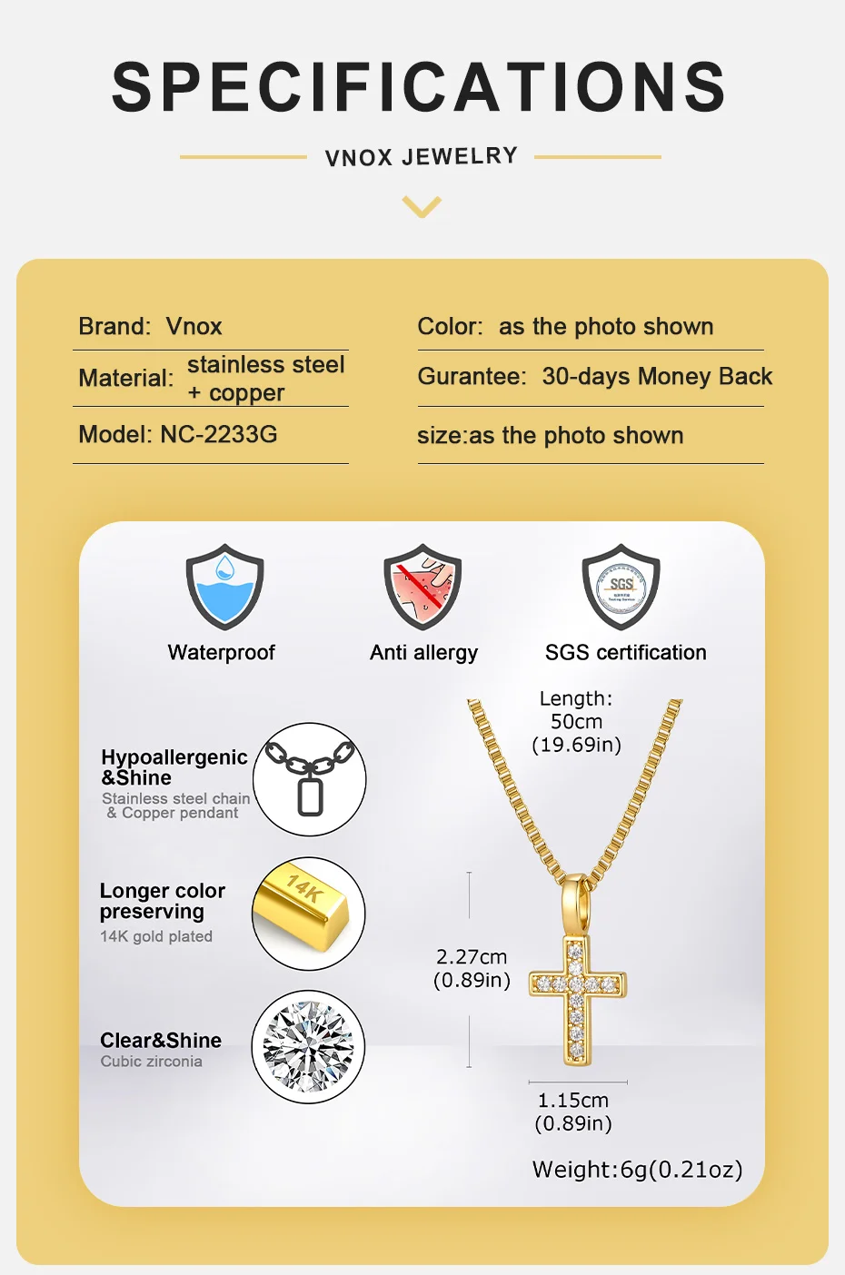 Vnox Herren-Kreuzkette, Gold-Silber-Plattierter Zirkon-Kupfer-Kreuzanhänger, Edelstahl-Kastenkette, Glaubensschmuck Geschenk für Ihn – Detail 4