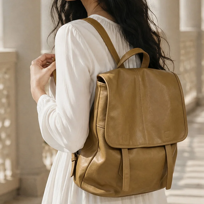 2026 autumn genuine leather solid color backpack for work and commuting large capacity unisex casual backpack
