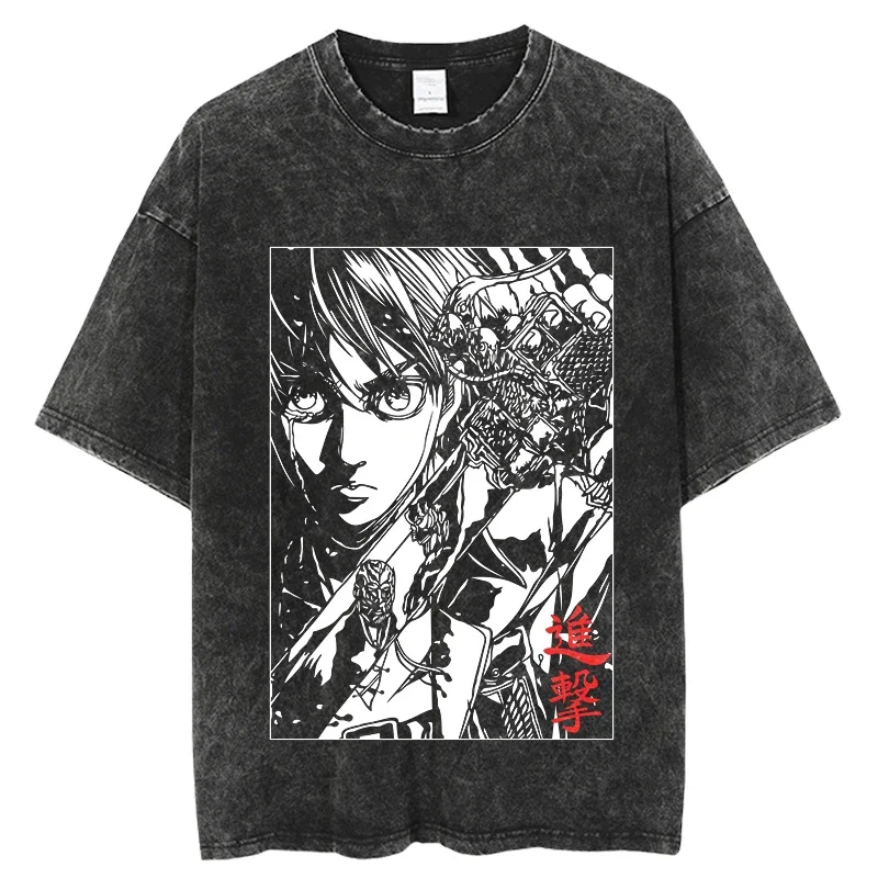 Hot  Vintage Washed Tshirts Attack On Titan Anime T Shirt Harajuku Oversize Tee Cotton fashion Streetwear unisex top