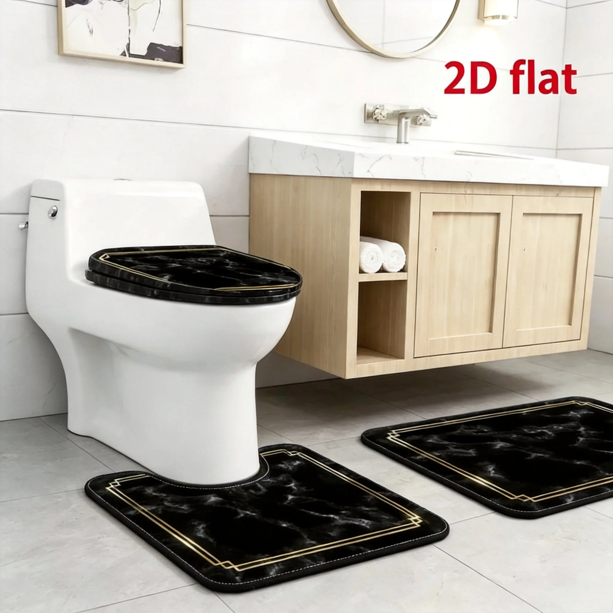 Luxury Black Marble Gold Border Bathroom Rug Set, Non Slip Bath Mat & Toilet Seat Cover, Water Absorbent Bathroom Decor