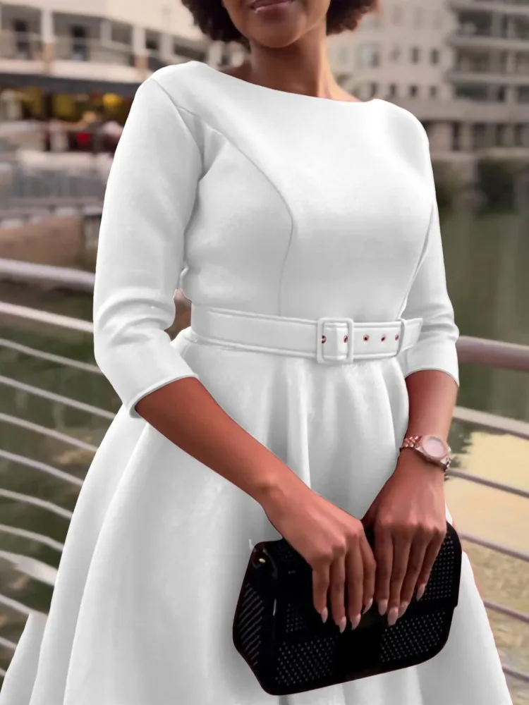 Women Spring Dress Ladies Casual Plus Size Slim Office Dress Retro Elegant O-Neck High Waist White 3/4 Sleeve Party Dress