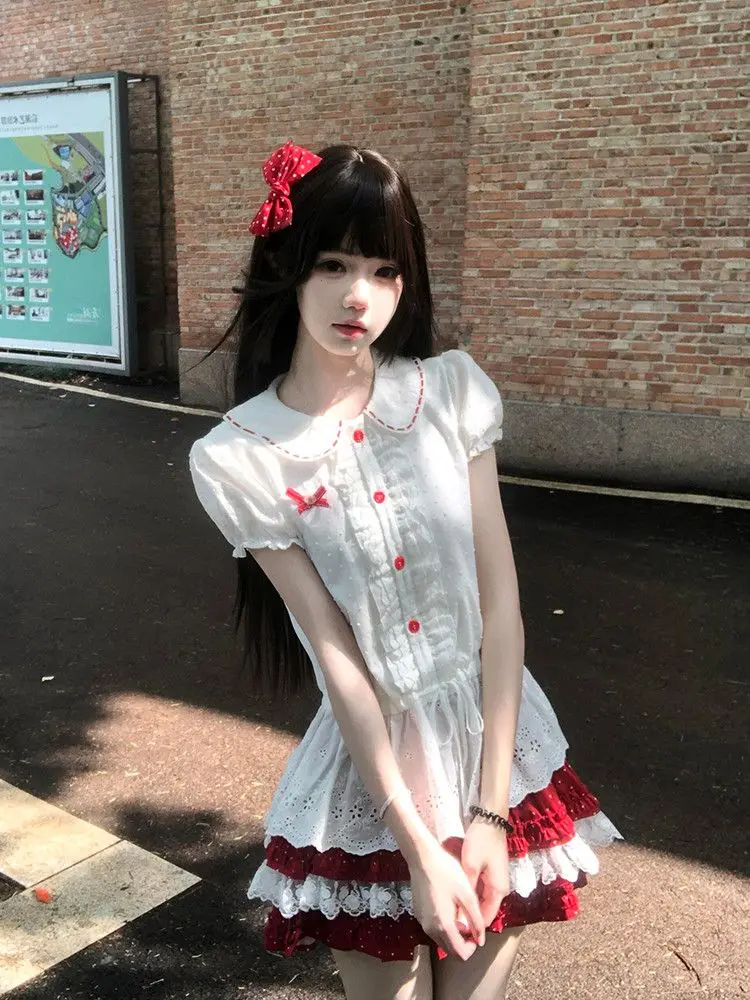 2000s Harajuku Vintage Sweet Suits Y2k Japan Style Kawaii 2 Piece Skirt Sets Women Lolita Short Sleeve Matching Sets Summer Chic