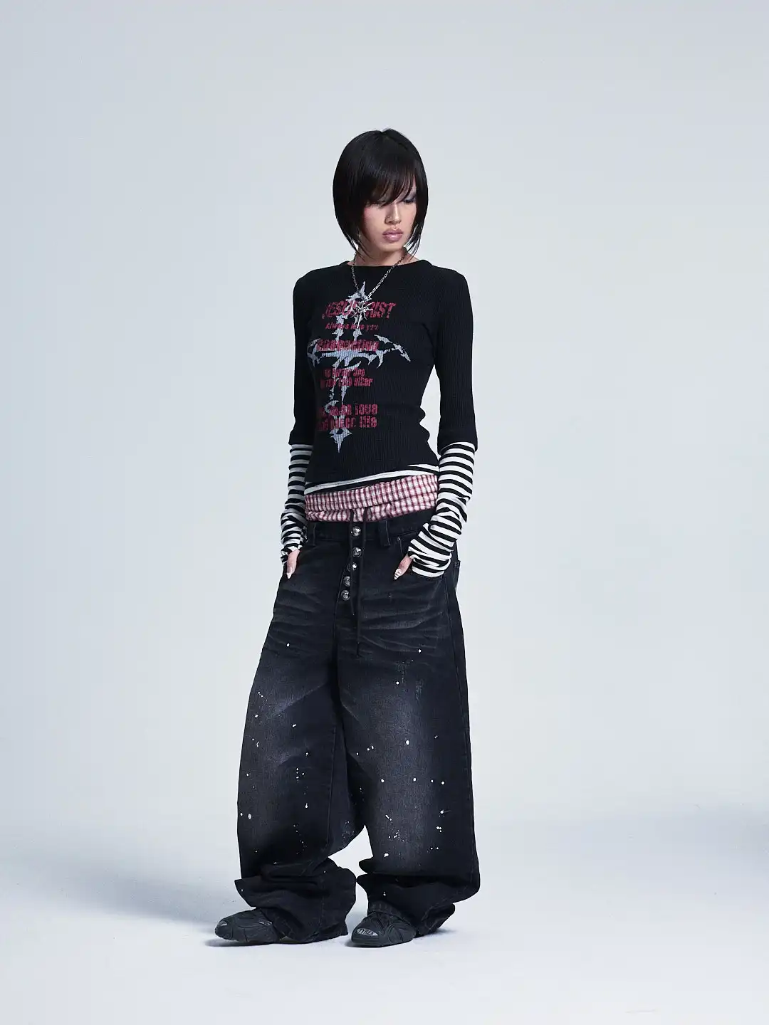 

Noname Space High Elastic Stripe Print Cross Base Long Sve T-irt Punk Sle Splice Design Moisture ng round Ne Top